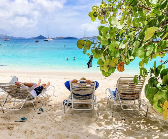 a group of people sitting at a beach